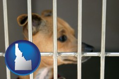 idaho map icon and a chihuahua in an animal shelter cage