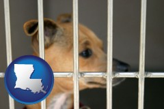 louisiana map icon and a chihuahua in an animal shelter cage