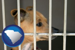south-carolina map icon and a chihuahua in an animal shelter cage