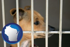 wisconsin map icon and a chihuahua in an animal shelter cage
